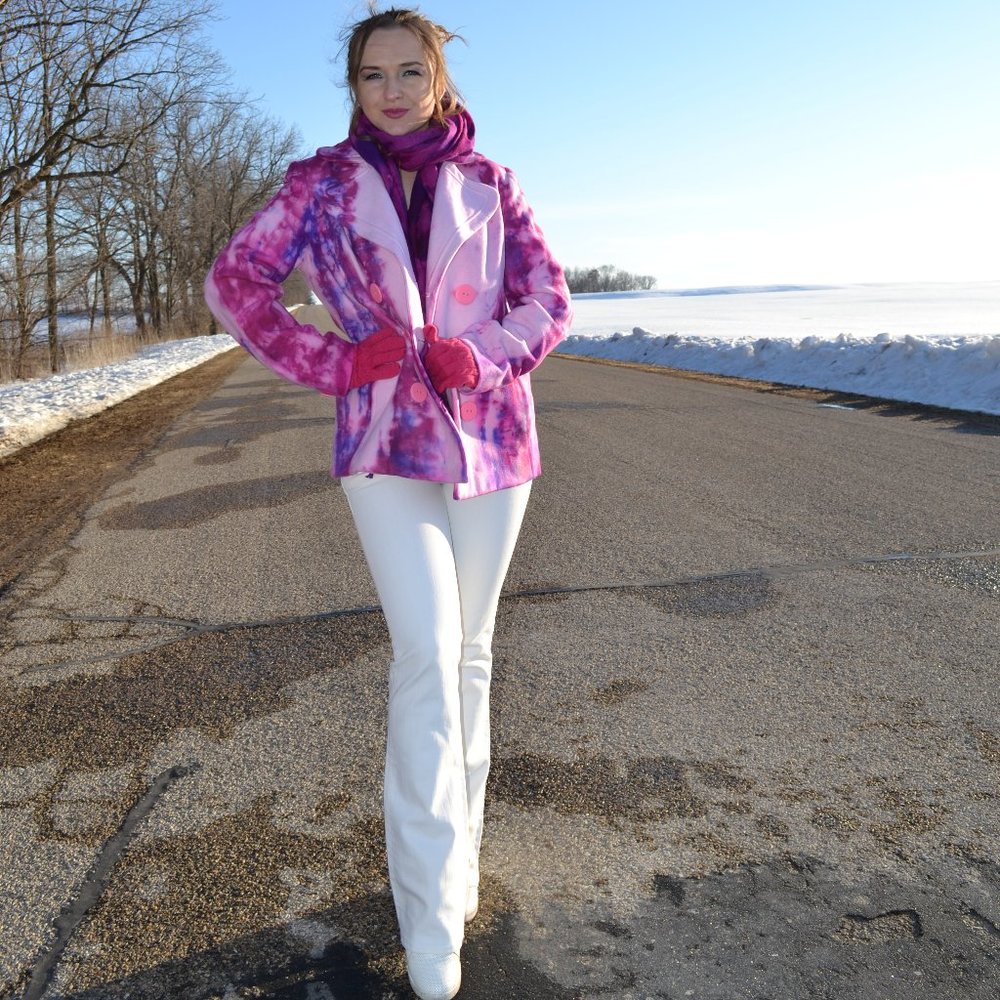 Painted Tie dyed Pink Purple blue white Winter Wool Pea Coat Small Med 4 6 8 10 - Picture 5 of 8